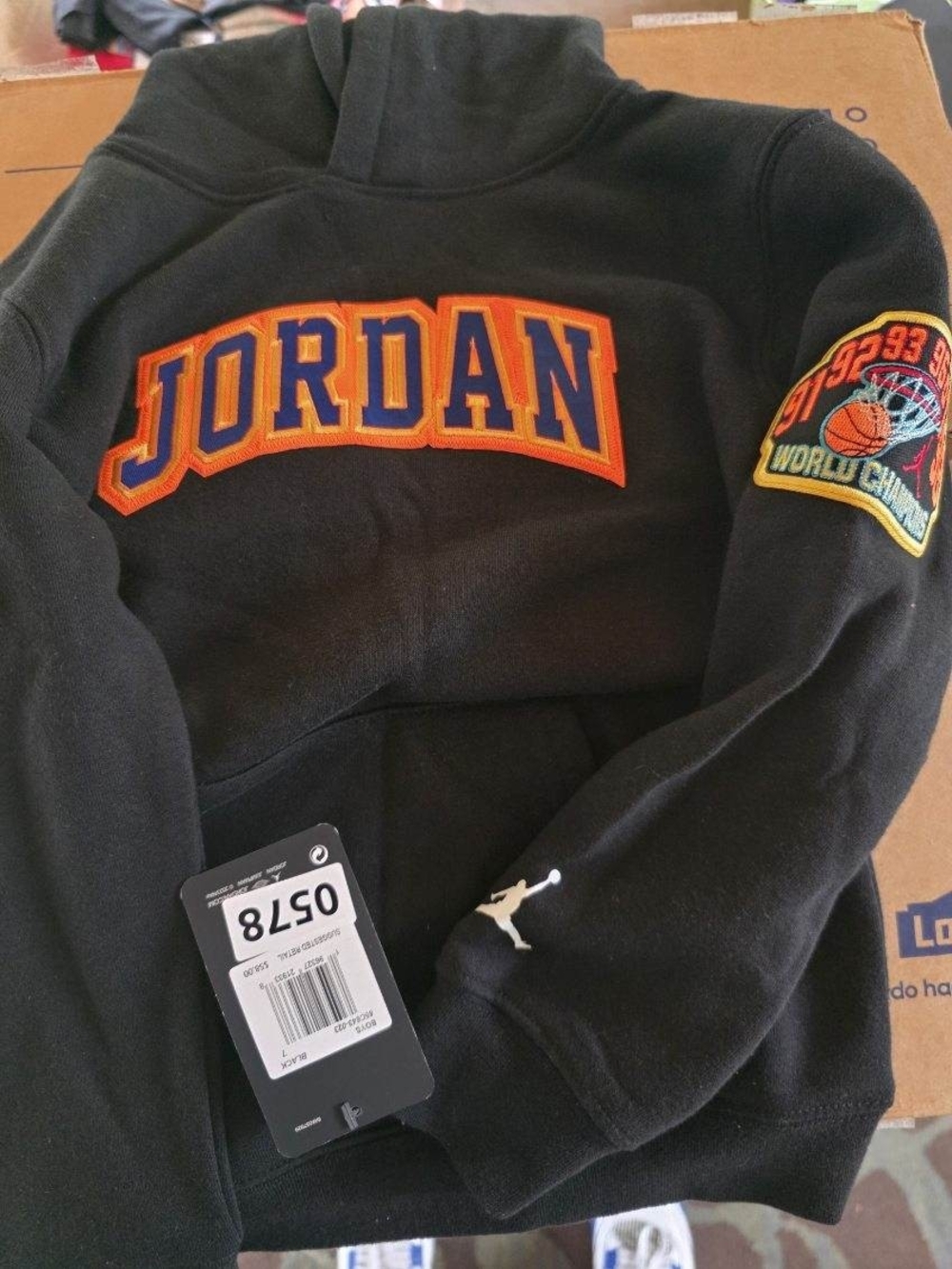 Jordan Boys Black Hoodie Pullover with Orange and Blue Logo Kids Size 7 BrandNew